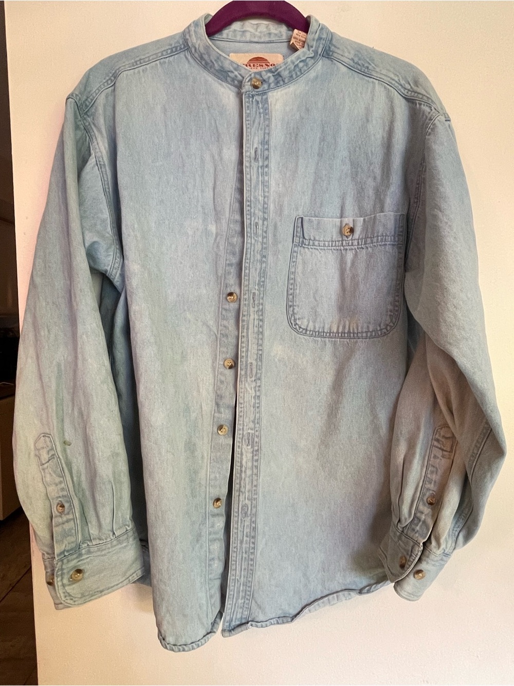 Vintage Fresno Denim Shirt Large Band Collar 90s Light Wash 100% Cotton
